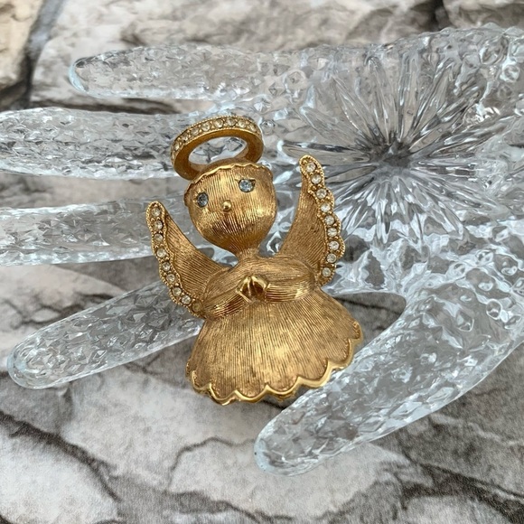 Vintage Signed Act II Angel Halo Rhinestones Gold Brooch Christmas Holiday Pin - Picture 3 of 4
